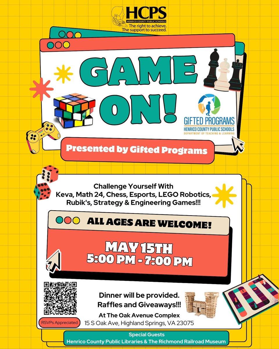 Calling all gamers, puzzlers, builders and strategy enthusiasts! HCPS Gifted Programs presents "Game On!" — an exciting expo where gaming meets creativity — 5-7 p.m. Thursday at the Oak Avenue Complex! ♟️ 🎮️ 

RSVP at docs.google.com/forms/d/e/1FAI….