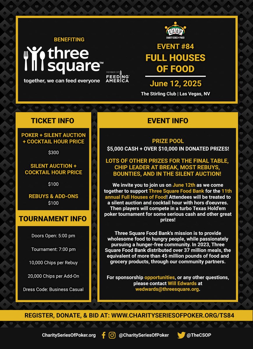 TheCSOP's tweet photo. Don’t miss Full Houses of Food #CSOP84 on June 12 at the Stirling Club benefiting @threesquareLV!
🎉 Fun &amp; giving back!
💰 Big prizes, hosted bar, &amp; cocktail hour!
♠️ Poker, rebuys, &amp; more!
📲 Register/donate: https://t.co/FVIkW5zEh6
#threesquareLV https://t.co/UryYNwHuqc