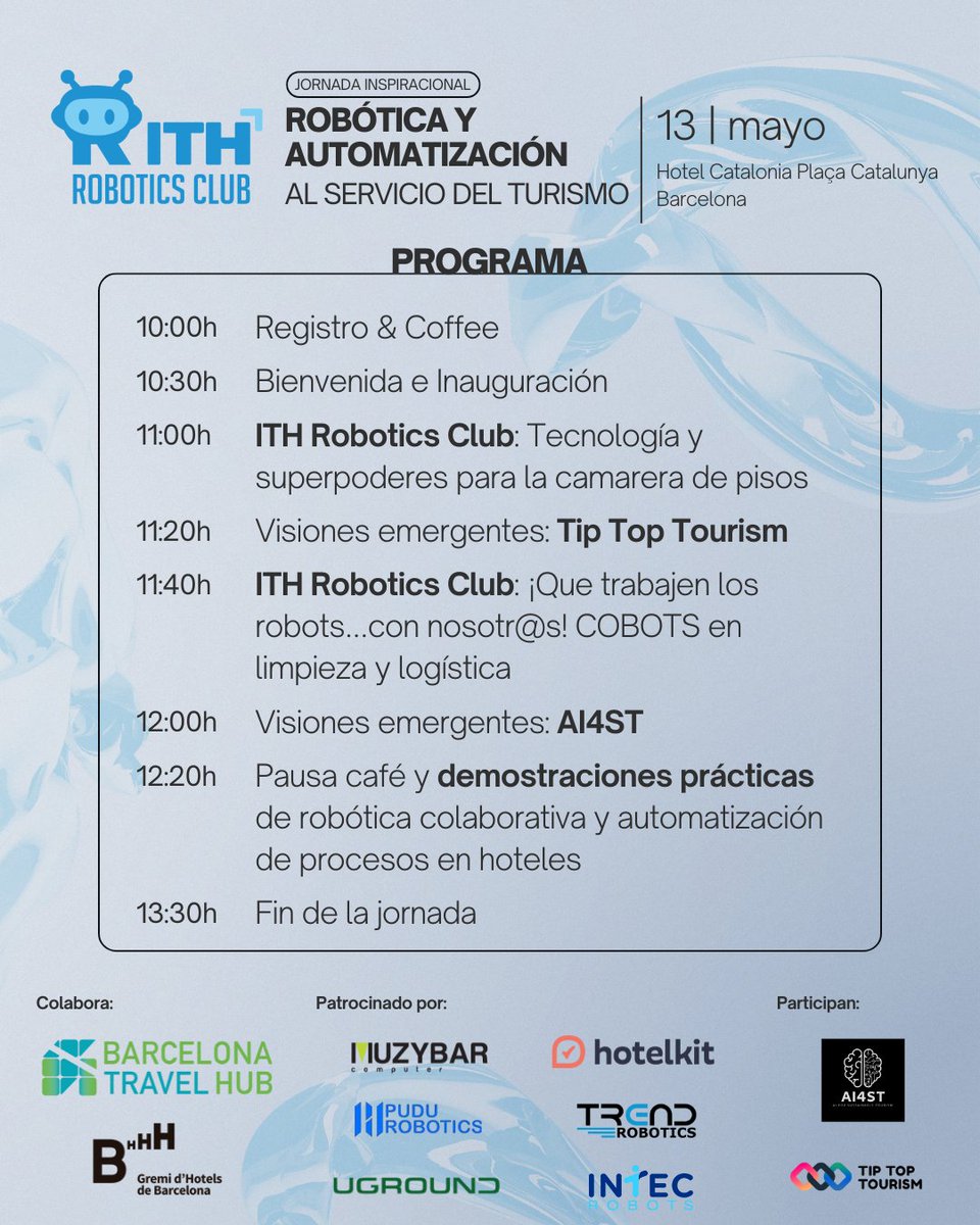 ithotelero's tweet image. ¡Mañana celebramos la Jornada Inspiracional de Robótica y Automatización aplicada al turismo!
🤖 Demos, casos reales y más
📅 13 mayo
📍 Hotel Catalonia Plaça Catalunya | Barcelona
🧠 Y si eres hotelero, ¡escanea el QR y saluda a Marvin!
ℹ️ + info: ithotelero.com/events/jornada…