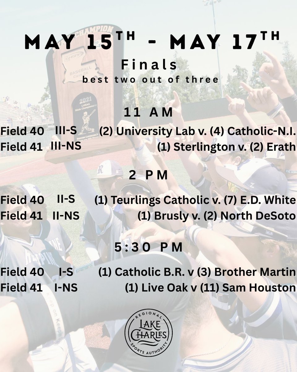 The 2025 LHSAA Baseball State Championships kick off tomorrow at McMurry Park in Sulphur! ⚾️

With select semi-final games on Tuesday and championships Wednesday-Saturday, McMurry Park is the place to be for the best baseball in the state! 🏆