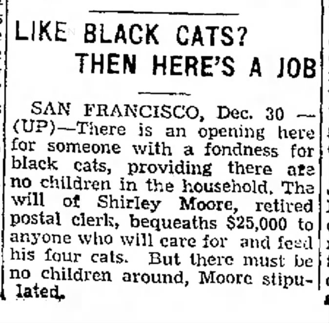 HorribleSanity's tweet photo. Lots of cats?
No kids allowed?
A quick $25,000?
Mr. Moore, I love you.
(Jefferson City Post Tribune 1936, via @_newspapers) https://t.co/GdVorESJky