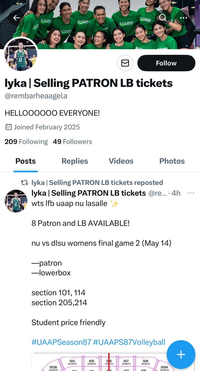 Hi! this is my only account, nothing else. Be careful when buying uaap tickets dahil nagkalat sila kung saan — maaring kapangalan ko siya, same icon and header. Baka nagkataon lang. 

I want to make it clear that this is my only account at dito lang ako nagsesell ng tickets!! ◡̈