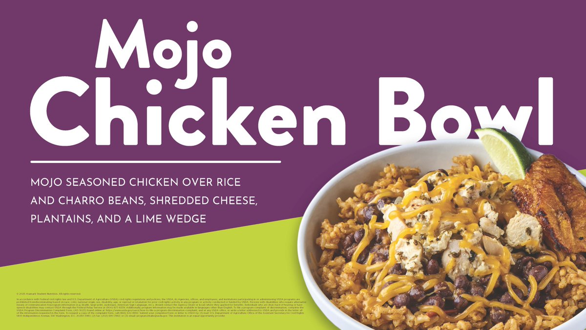 This month’s limited time offer: the Mojo Chicken Bowl — rice, charro beans, shredded cheese, lime wedge, mojo chicken, and plantains.
Free samples May 12.
Available May 13–15 at secondary campuses only.
#MojoChickenBowl #SchoolLunch