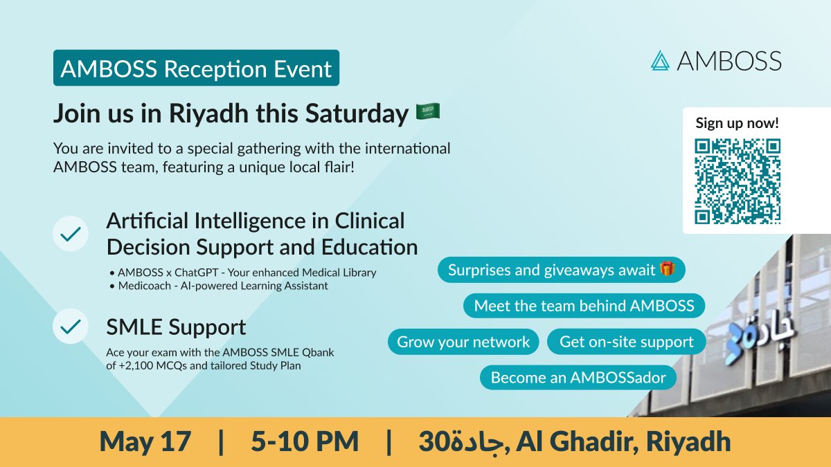 ✈️ From Berlin 🇩🇪 to Riyadh 🇸🇦
We are thrilled to invite you to the first-ever AMBOSS Reception in Saudi Arabia!

The event is open for everyone — from students, interns, to residents and faculty members! ✨

😋 Join us for food and drinks, meet the AMBOSS MENA team, and the team