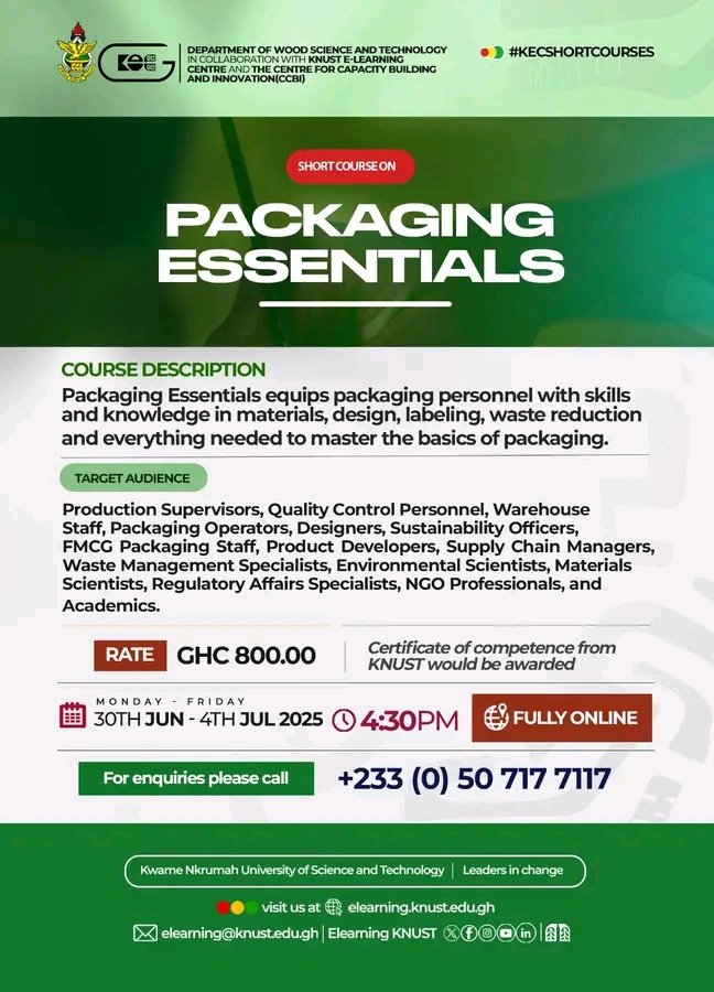 yaboagye12's tweet image. Boost your career with KNUST's Packaging Essentials short course! 📦💼 Learn materials, design, labelling & waste reduction from July 30th-4th, 4:30pm. GHC 800. Register here: bit.ly/packagingessent. Get certified! 📞 0507177117 #kecshortcourses #elearningcourse #packaging