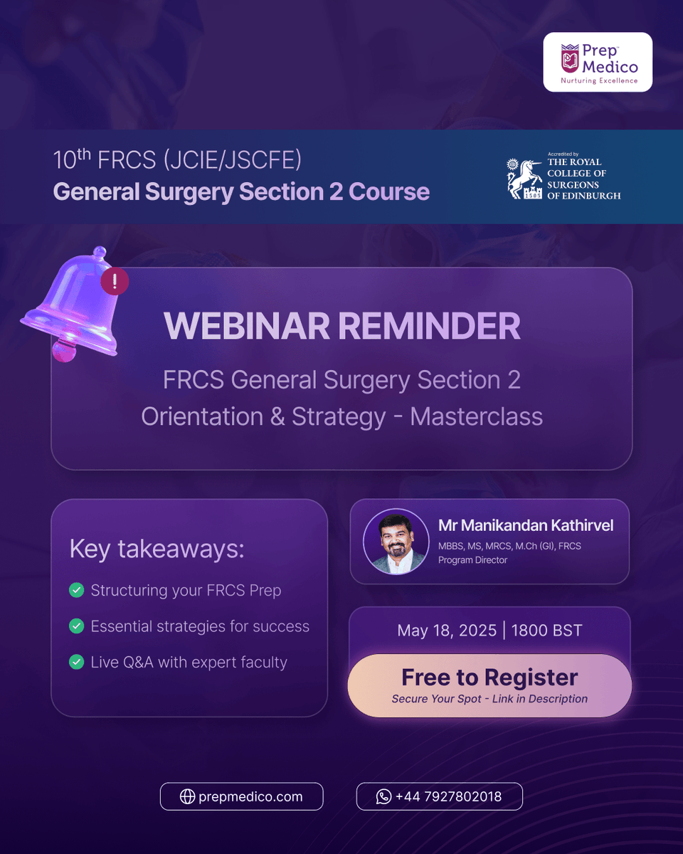 PrepMedico (@prepmedico) on Twitter photo 🔔 WEBINAR REMINDER
May 18, 2025 | 1800 BST
Join the free session! - linke.to/GG09WW
<a href="/Mani_TxSurgeon/">Manikandan Kathirvel</a> <a href="/frcsviva_com/">Surgical Minds</a> <a href="/HFrcs/">Higher FRCS - Higher Vasc - Higher VIVA</a> <a href="/ASiTofficial/">ASiT</a> <a href="/TheMammaryFold1/">The Mammary Fold</a> <a href="/T4UGIS/">TUGSS</a> <a href="/ACPGBI/">@ACPGBI</a> <a href="/asgbi/">ASGBI</a> <a href="/herricksociety/">The Herrick Society</a> <a href="/Dukes_Club/">The Dukes' Club</a> <a href="/roux_group/">The Roux Group</a> <a href="/GrabTheFRCS/">Grab The FRCS-Grab Medical Innovations</a> <a href="/AnkurThaparEsse/">Ankur Thapar</a> <a href="/ShankaBenarag/">Shanka Benaragama</a> 🔔 WEBINAR REMINDER
May 18, 2025 | 1800 BST
Join the free session! - linke.to/GG09WW
<a href="/Mani_TxSurgeon/">Manikandan Kathirvel</a> <a href="/frcsviva_com/">Surgical Minds</a> <a href="/HFrcs/">Higher FRCS - Higher Vasc - Higher VIVA</a> <a href="/ASiTofficial/">ASiT</a> <a href="/TheMammaryFold1/">The Mammary Fold</a> <a href="/T4UGIS/">TUGSS</a> <a href="/ACPGBI/">@ACPGBI</a> <a href="/asgbi/">ASGBI</a> <a href="/herricksociety/">The Herrick Society</a> <a href="/Dukes_Club/">The Dukes' Club</a> <a href="/roux_group/">The Roux Group</a> <a href="/GrabTheFRCS/">Grab The FRCS-Grab Medical Innovations</a> <a href="/AnkurThaparEsse/">Ankur Thapar</a> <a href="/ShankaBenarag/">Shanka Benaragama</a>