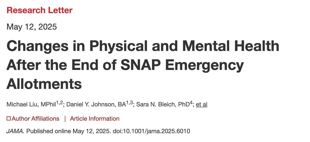 Daniel Johnson (@danielyjohnson) on Twitter photo Our new <a href="/JAMA_current/">JAMA</a> study finds that the end of the largest-ever increase in SNAP benefits led to a rapid ā¬ļø in food insecurity and poor physical health
Grateful to lead this with @LiuMichaelON under š mentor <a href="/rkwadhera/">Rishi Wadhera, MD MPP</a> and team <a href="/DrBleich/">Dr. Sara Bleich</a> <a href="/prihatha/">Prihatha Narasimmaraj, MD</a> <a href="/CamillaPosson/">Camilla Bjorck-Posson</a> <a href="/joefigs2/">Jose Figueroa, MD, MPH</a> Our new <a href="/JAMA_current/">JAMA</a> study finds that the end of the largest-ever increase in SNAP benefits led to a rapid ā¬ļø in food insecurity and poor physical health
Grateful to lead this with @LiuMichaelON under š mentor <a href="/rkwadhera/">Rishi Wadhera, MD MPP</a> and team <a href="/DrBleich/">Dr. Sara Bleich</a> <a href="/prihatha/">Prihatha Narasimmaraj, MD</a> <a href="/CamillaPosson/">Camilla Bjorck-Posson</a> <a href="/joefigs2/">Jose Figueroa, MD, MPH</a>