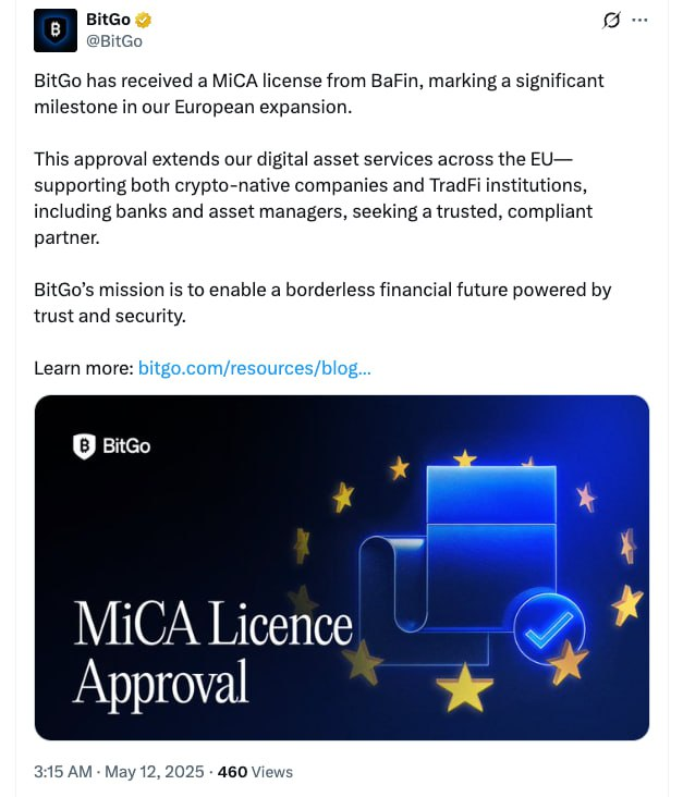 PRO_BLOCKCHAIN's tweet image. ✔️ The German Financial Regulator has granted #BitGo Europe a license under the Markets in Cryptoassets Regulation (#MiCA).
The MiCA license allows BitGo to offer cryptocurrency asset custody services to crypto firms and traditional financial institutions, including banks and…
