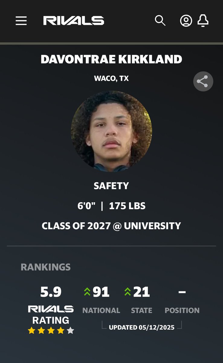 Davontrae "D-TRAIN" Kirkland (@ddavontrae) on Twitter photo #AGTG BLESSED to be ranked a 4 ⭐️ <a href="/RivalsCamp/">Rivals Camp Series</a> <a href="/Rivals/">Rivals</a> <a href="/samspiegs/">Sam Spiegelman</a> @RivalsFriedman <a href="/adamgorney/">Adam Gorney</a> @RivalsLandyn <a href="/Bdrumm_Rivals/">Brandon Drumm</a> <a href="/BDammone/">Along The Wire</a> <a href="/GregSmithRivals/">Greg Smith</a> <a href="/JohnGarcia_Jr/">John Garcia, Jr.</a> <a href="/GPowersScout/">Greg Powers 🏟️</a> <a href="/WacoUFootball/">Waco University Football</a> <a href="/RecruitTheU/">Recruit The U</a> @CoachFoster77 <a href="/BamPerformance/">Bam Performance</a> <a href="/JScruggs247/">Jordan Scruggs</a> <a href="/gabrieldbrooks/">Gabe Brooks</a> #AGTG BLESSED to be ranked a 4 ⭐️ <a href="/RivalsCamp/">Rivals Camp Series</a> <a href="/Rivals/">Rivals</a> <a href="/samspiegs/">Sam Spiegelman</a> @RivalsFriedman <a href="/adamgorney/">Adam Gorney</a> @RivalsLandyn <a href="/Bdrumm_Rivals/">Brandon Drumm</a> <a href="/BDammone/">Along The Wire</a> <a href="/GregSmithRivals/">Greg Smith</a> <a href="/JohnGarcia_Jr/">John Garcia, Jr.</a> <a href="/GPowersScout/">Greg Powers 🏟️</a> <a href="/WacoUFootball/">Waco University Football</a> <a href="/RecruitTheU/">Recruit The U</a> @CoachFoster77 <a href="/BamPerformance/">Bam Performance</a> <a href="/JScruggs247/">Jordan Scruggs</a> <a href="/gabrieldbrooks/">Gabe Brooks</a>