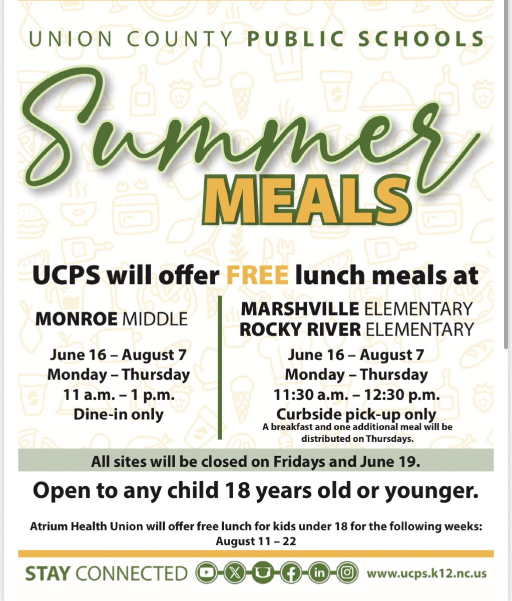 East Elementary School (@eastesnc) on Twitter photo Please keep in mind where summer meals will be distributed!
<a href="/AGHoulihan/">Andrew G. Houlihan</a> <a href="/UCPSNC/">Union County Public Schools</a> <a href="/DennyFerguson2/">Denny Ferguson</a> <a href="/boatcandice/">Candice Boatright</a> Please keep in mind where summer meals will be distributed!
<a href="/AGHoulihan/">Andrew G. Houlihan</a> <a href="/UCPSNC/">Union County Public Schools</a> <a href="/DennyFerguson2/">Denny Ferguson</a> <a href="/boatcandice/">Candice Boatright</a>