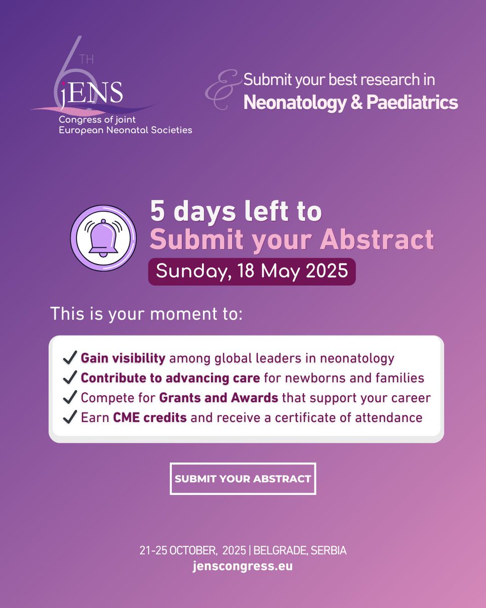 JENS_Congress's tweet image. Only 5 days left to finalize and submit your abstract for presentation at #jENScongress - THE #Neonatology Congress of 2025!
📣No registration needed to submit!
Grants and Awards await for you✅: bit.ly/jENS-ABSTRACT
@ESPR_ESN @gfcni_newborn