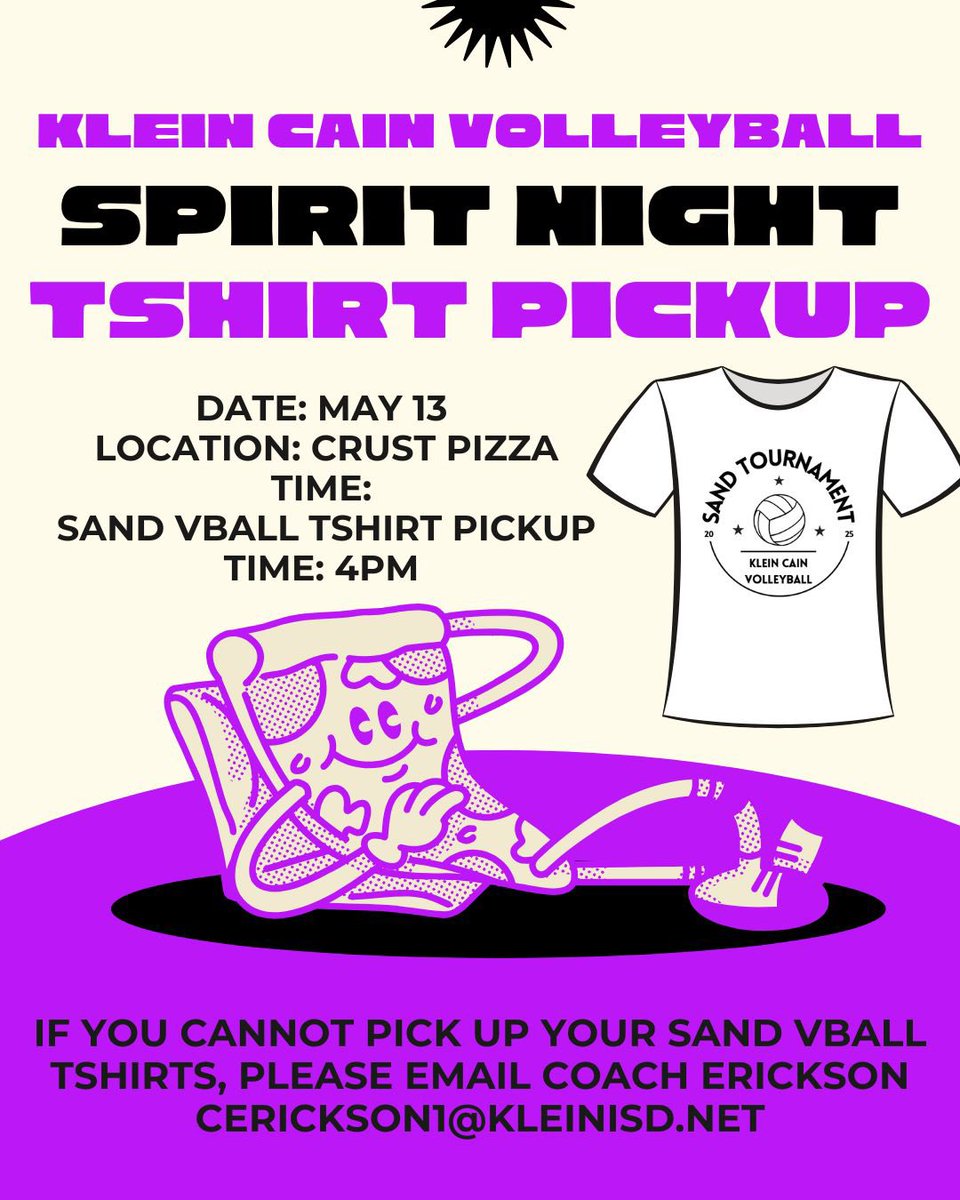 TOMORROW!! Spirit Night at Crust! When checking out please tell the register you are there supporting Klein Cain Volleyball. We appreciate you and all your support! Also T-shirt pick up for the sand vball tournament. I will be at crust from 4-5. See ya at Crust!