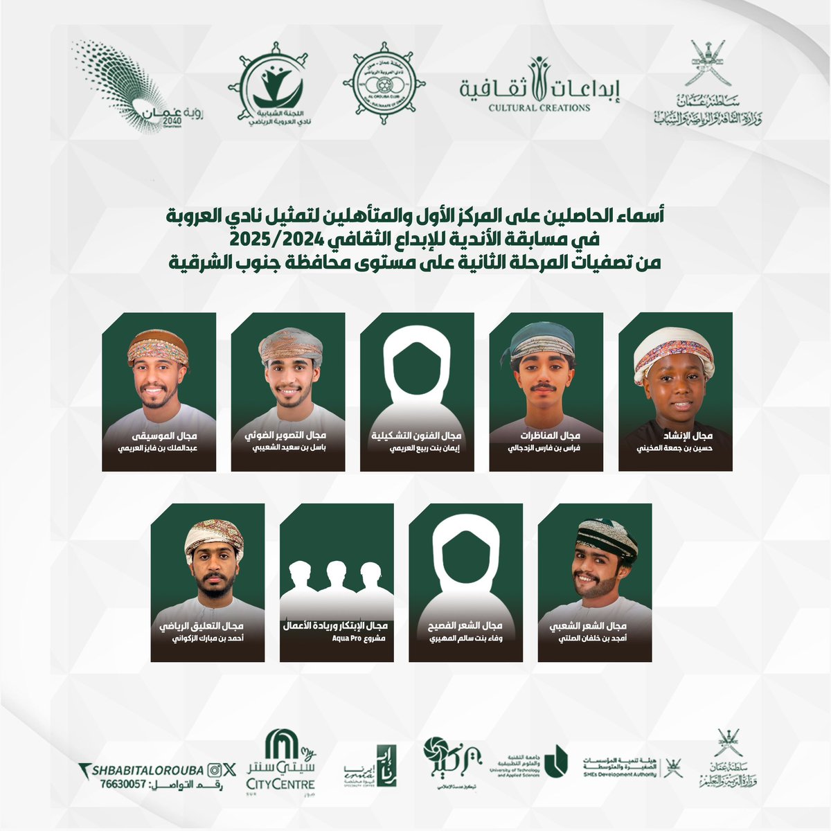 في ميادين التنافس أسماءٌ برزت وأستحقت عن جدارة الحصول على المركز الأول في المجالات المختلفة ل #مسابقة_الأندية_للإبداع_الثقافي فنقول لهم اجتهدتم فحصدتهم ما تستحقوه… ونرجو لهم الترفيق في المرحلة الثانية على مستوى المحافظة 
<a href="/SurCity_/">شبكة أخبار صوْر</a>