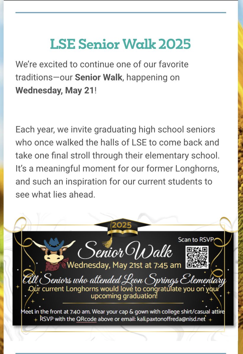 Our <a href="/NISDLeonSprings/">Leon Springs Elementary</a> Senior Walk is happening , Wednesday, May 21 in the morning!  We’re welcoming all former alumni who have walked our hallways. <a href="/NISD/">Northside ISD</a> 🎉
