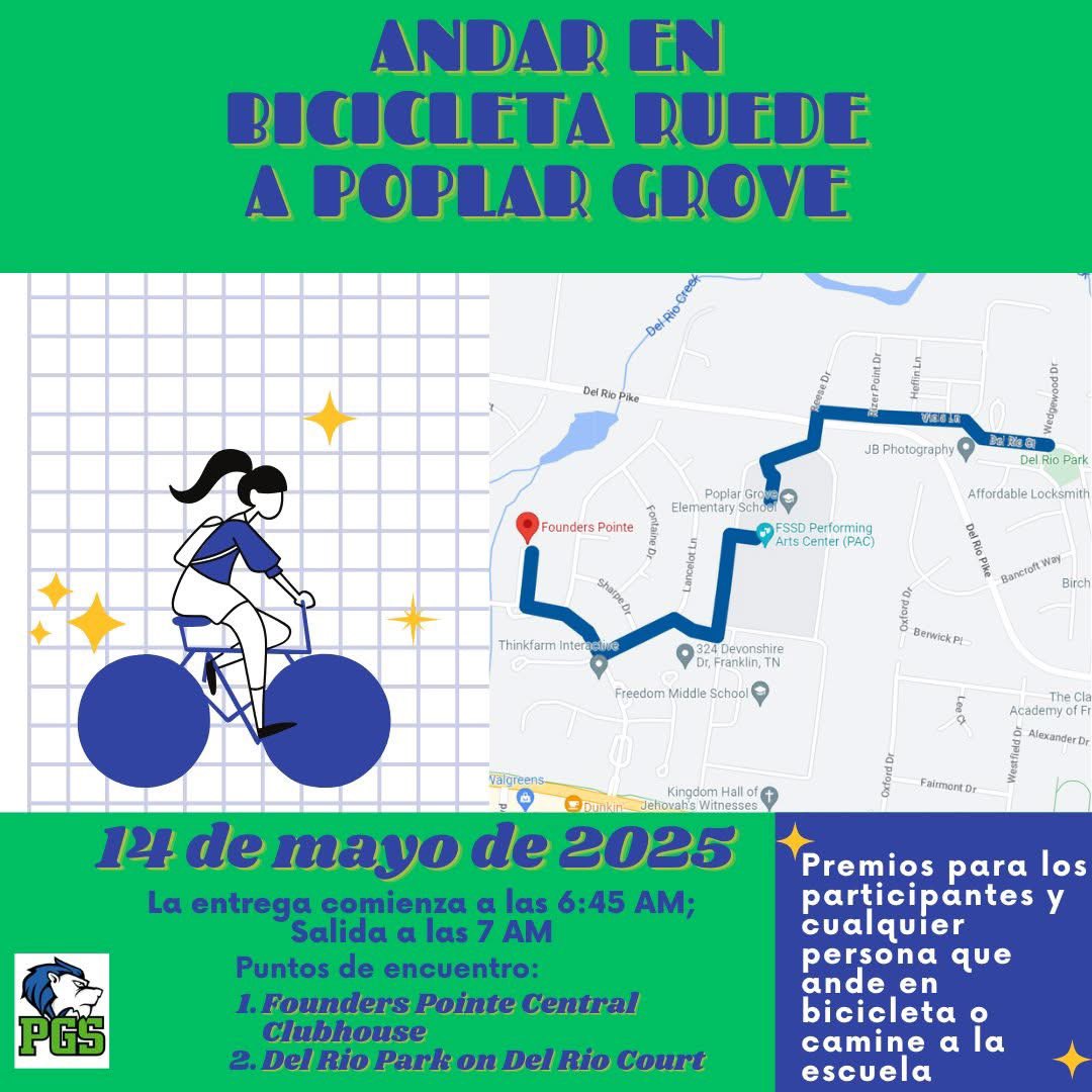May 14th is Bike, Walk, or Roll to School Day! There will be meeting points in Founders Pointe and Del Rio Park (see pictures). Students who participate will be greeted with a prize when they arrive at school! We are excited to promote this fun alternative!