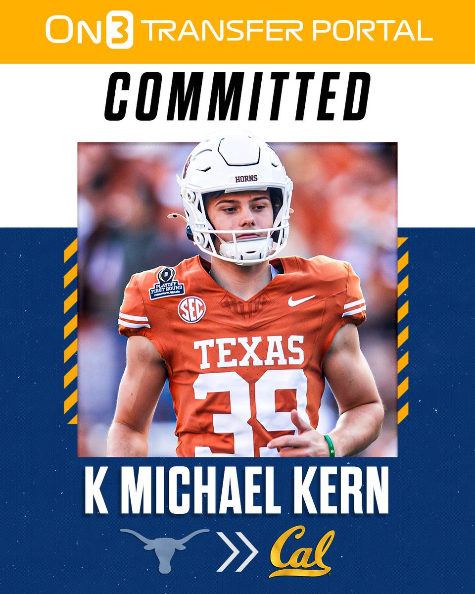 Transfer Portal (@transferportal_) on Twitter photo BREAKING: Texas transfer kicker Michael Kern has signed with Cal, <a href="/PeteNakos_/">Pete Nakos</a> reports🐻
on3.com/db/michael-ker… BREAKING: Texas transfer kicker Michael Kern has signed with Cal, <a href="/PeteNakos_/">Pete Nakos</a> reports🐻
on3.com/db/michael-ker…