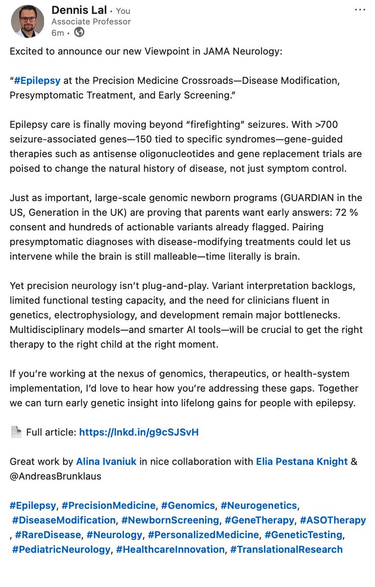 Dennis Lal (@laldennis) on Twitter photo Thrilled to share our new Viewpoint just out in JAMA Neurology—“Epilepsy at the Precision Medicine Crossroads—Disease Modification, Presymptomatic Treatment, and Early Screening.”
Congratulations <a href="/AlinaIvaniuk/">Alina Ivaniuk 🇺🇦</a>, Elia & <a href="/a_brunklaus/">Andreas Brunklaus</a>
Link: doi.org/10.1001/jamane… Thrilled to share our new Viewpoint just out in JAMA Neurology—“Epilepsy at the Precision Medicine Crossroads—Disease Modification, Presymptomatic Treatment, and Early Screening.”
Congratulations <a href="/AlinaIvaniuk/">Alina Ivaniuk 🇺🇦</a>, Elia & <a href="/a_brunklaus/">Andreas Brunklaus</a>
Link: doi.org/10.1001/jamane…
