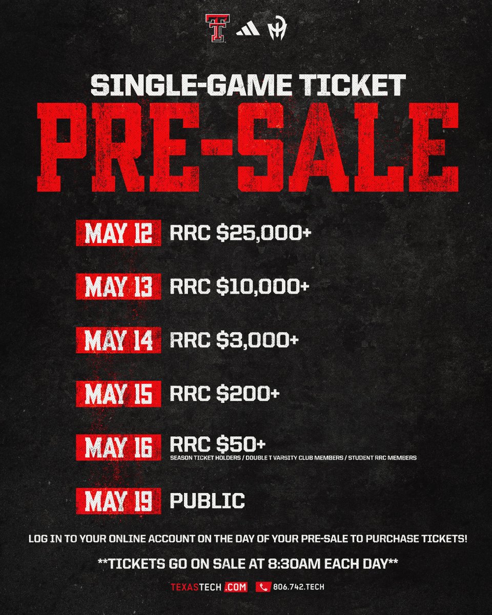 Red Raider Club (@redraiderclub) on Twitter photo Red Raider Club Members 👋
Your exclusive <a href="/TexasTechFB/">Texas Tech Football</a> single-game ticket pre-sale is this week!
Take advantage before the general public on sale begins on May 19!
🎟️: wreckem.co/25FBGames Red Raider Club Members 👋
Your exclusive <a href="/TexasTechFB/">Texas Tech Football</a> single-game ticket pre-sale is this week!
Take advantage before the general public on sale begins on May 19!
🎟️: wreckem.co/25FBGames