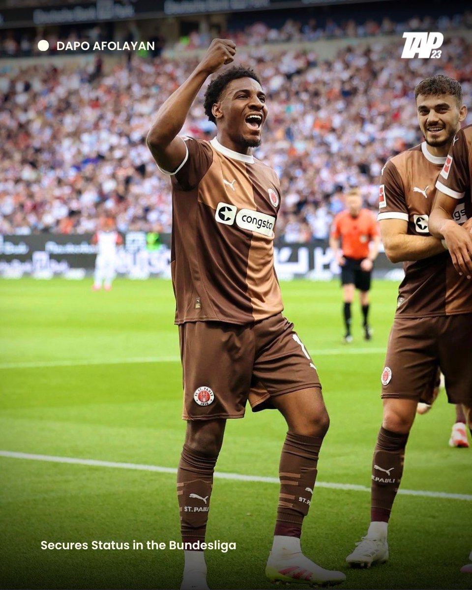_tap23's tweet image. Congratulations to Dapo Afolayan and St Pauli who secure status in the Bundesliga 🌟🤎
#DapoAfolayan #StPauli #TaP23