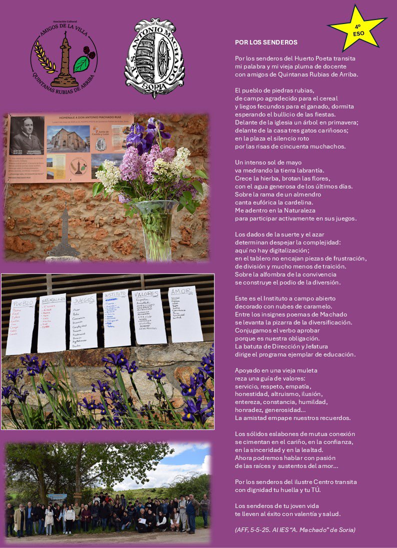 Nuestro intervención en las actividades del sesquicentenario del nacimiento de Antonio Machado en Quintanas Rubias de Arriba, ha hecho que el profesor Alfonso Fresno nos haya creado este texto especialmente para nosotros. #Mxns #HuertodelPoeta