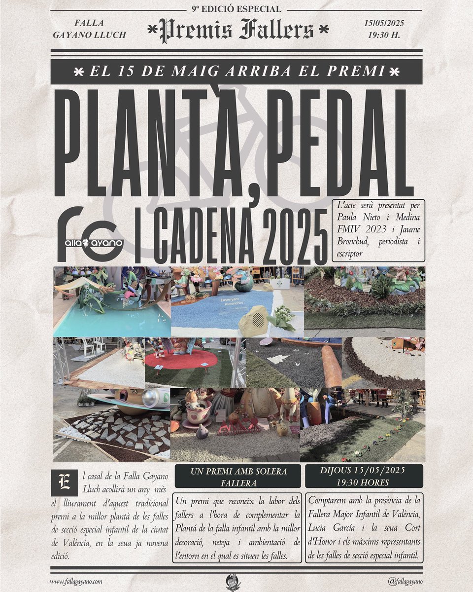 Llega la lectura del IX Premi Plantà, Pedal i Cadena!

El próximo jueves 15 de mayo a las 19:30 h. ⏰, y como marca la tradición, dos meses después de la Plantà,nos reuniremos en nuestro Casal para la lectura del premio.
¡Os esperamos!

#PremiPlantà #fallagayano #falles2025