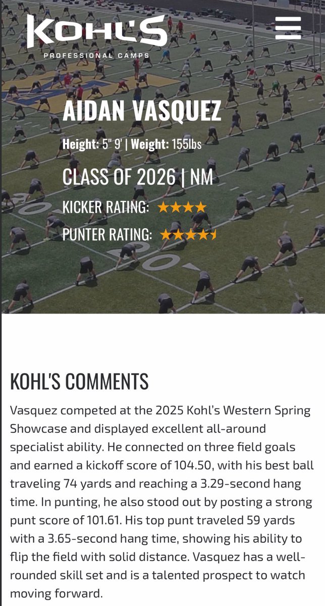 Aidan Vasquez (@aidanvasquez6) on Twitter photo I am thrilled to be a 4⭐️kicker and 41/2⭐️punter
<a href="/PrepRedzoneNM/">Prep Redzone New Mexico</a> <a href="/ScottSing82/">Scott Singleton</a> <a href="/CoachCiscoAHS/">AJ Cisco</a> <a href="/AaronCisco4/">Aaron Cisco</a> <a href="/CoachDrefs/">Coach Austin Drefs</a> <a href="/KohlsKicking/">Kohl's Kicking Camps</a> I am thrilled to be a 4⭐️kicker and 41/2⭐️punter
<a href="/PrepRedzoneNM/">Prep Redzone New Mexico</a> <a href="/ScottSing82/">Scott Singleton</a> <a href="/CoachCiscoAHS/">AJ Cisco</a> <a href="/AaronCisco4/">Aaron Cisco</a> <a href="/CoachDrefs/">Coach Austin Drefs</a> <a href="/KohlsKicking/">Kohl's Kicking Camps</a>