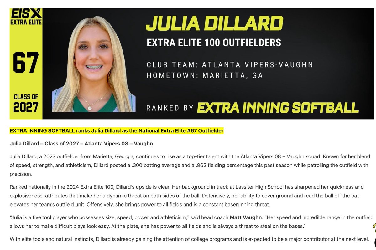 Julia Dillard 2027 (@julia_dillard10) on Twitter photo I am so grateful to be ranked 67 out of the whole nation! Thank you <a href="/ExtraInningSB/">EXTRA INNING SOFTBALL</a> for this ranking! #bethestandard <a href="/Vipers08Vaughn/">Atlanta Vipers 08 - Vaughn</a> I am so grateful to be ranked 67 out of the whole nation! Thank you <a href="/ExtraInningSB/">EXTRA INNING SOFTBALL</a> for this ranking! #bethestandard <a href="/Vipers08Vaughn/">Atlanta Vipers 08 - Vaughn</a>