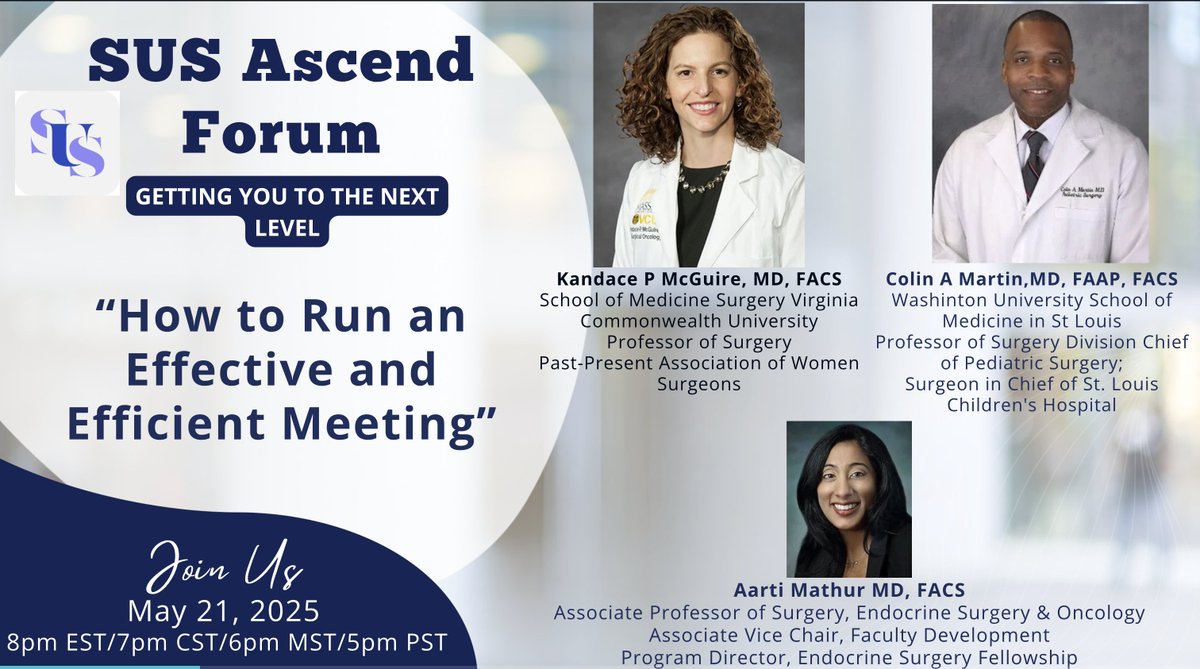 Society of University Surgeons (SUS) (@univsurg) on Twitter photo Join us for our May SUS Ascend Forum on “How to Run an Effective and Efficient Meeting" with <a href="/kpmcguiremd/">Kandace McGuire</a> and <a href="/colinalexmartin/">Colin A. Martin MD</a> on Wed, May 21, 2025 at 8:00 PM EST. <a href="/AartiMathur7/">Aarti Mathur MD</a> SUS Members should register here by May 19: bit.ly/SUSAscendMay Join us for our May SUS Ascend Forum on “How to Run an Effective and Efficient Meeting" with <a href="/kpmcguiremd/">Kandace McGuire</a> and <a href="/colinalexmartin/">Colin A. Martin MD</a> on Wed, May 21, 2025 at 8:00 PM EST. <a href="/AartiMathur7/">Aarti Mathur MD</a> SUS Members should register here by May 19: bit.ly/SUSAscendMay