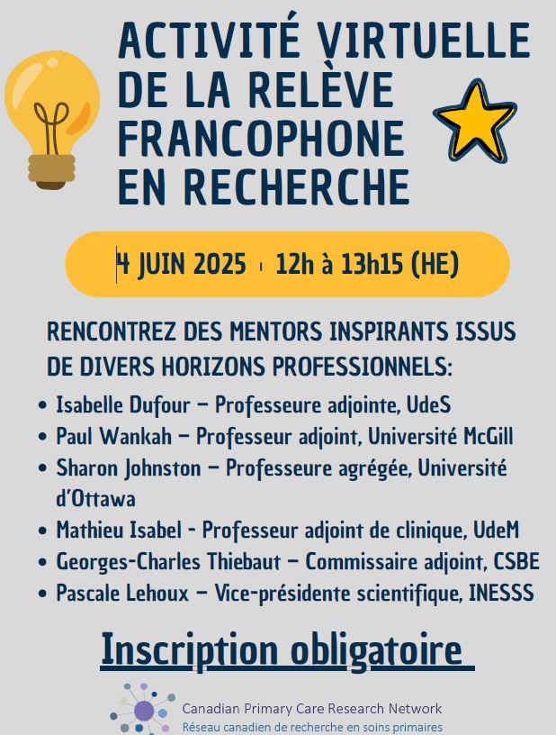 Ne manquez pas l'opportunité de vous inscrire à l'activité virtuelle de la relève francophone-recherche soins primaires qui aura lieu le 4 juin, 2025. Inscrivez vous ici: docs.google.com/forms/d/e/1FAI…