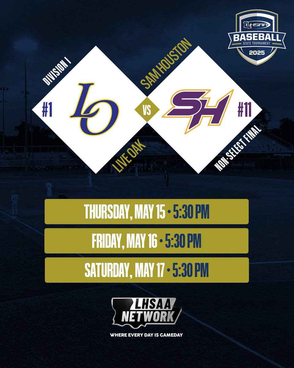 lhsaanetworktv's tweet photo. In Division 1 Non-select two teams who know each other very well go head-to-head. #1 Live Oak takes on #11 Sam Houston. Catch all the action between the Eagles and Broncos on the LHSAA Network and Cox Channel 4 (check local listings) 

#baseball #liveoak #samhouston #batonrouge #lakecharles #lhsaa #championship 

@LiveOakBsB1 @bronco_houston @LHSAAsports @TheLHSCA @LiveOakEagles @PrepBaseballLA