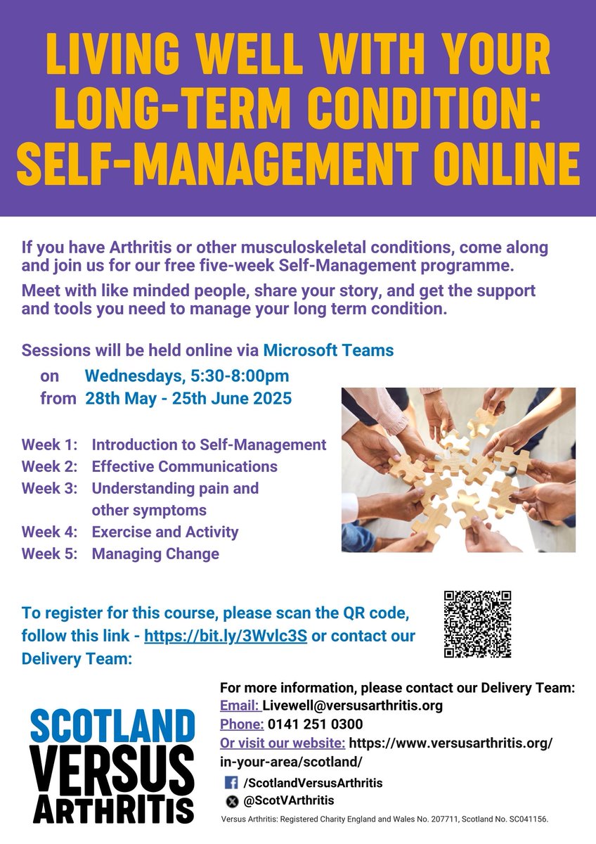 ScotArthritis's tweet photo. Starting soon - Join us for our five-week online Self Management Course to learn more about how to manage your long-term condition, in a welcoming and supportive environment. Please book your place here: https://t.co/lwLfTM0612 https://t.co/x0iHVDJqKf