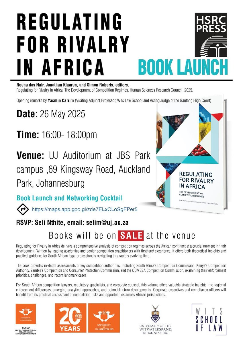 HSRCPress's tweet photo. Join us for the launch of "Regulating for Rivalry," an insightful book that delves into the complexities of competition regulation and its effect on market dynamics. Discover strategies for promoting healthy competition. Don't miss out! #BookLaunch #CompetitionRegulation #HSRCza https://t.co/TU3O8jZLI2