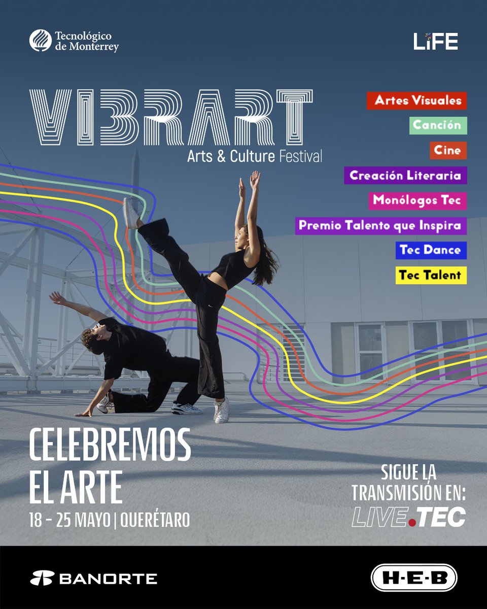 ¡🎨 Comienza la cuenta regresiva para Festival VIBRART! ​Sumérgete en una semana llena de arte, cultura y creatividad. 🎭
Lugar: Querétaro​
Fecha: Del 18 al 25 de mayo​
Conoce la agenda y más en: vibrart.tec.mx​
Sigue la transmisión en live.tec.mx/vibrart