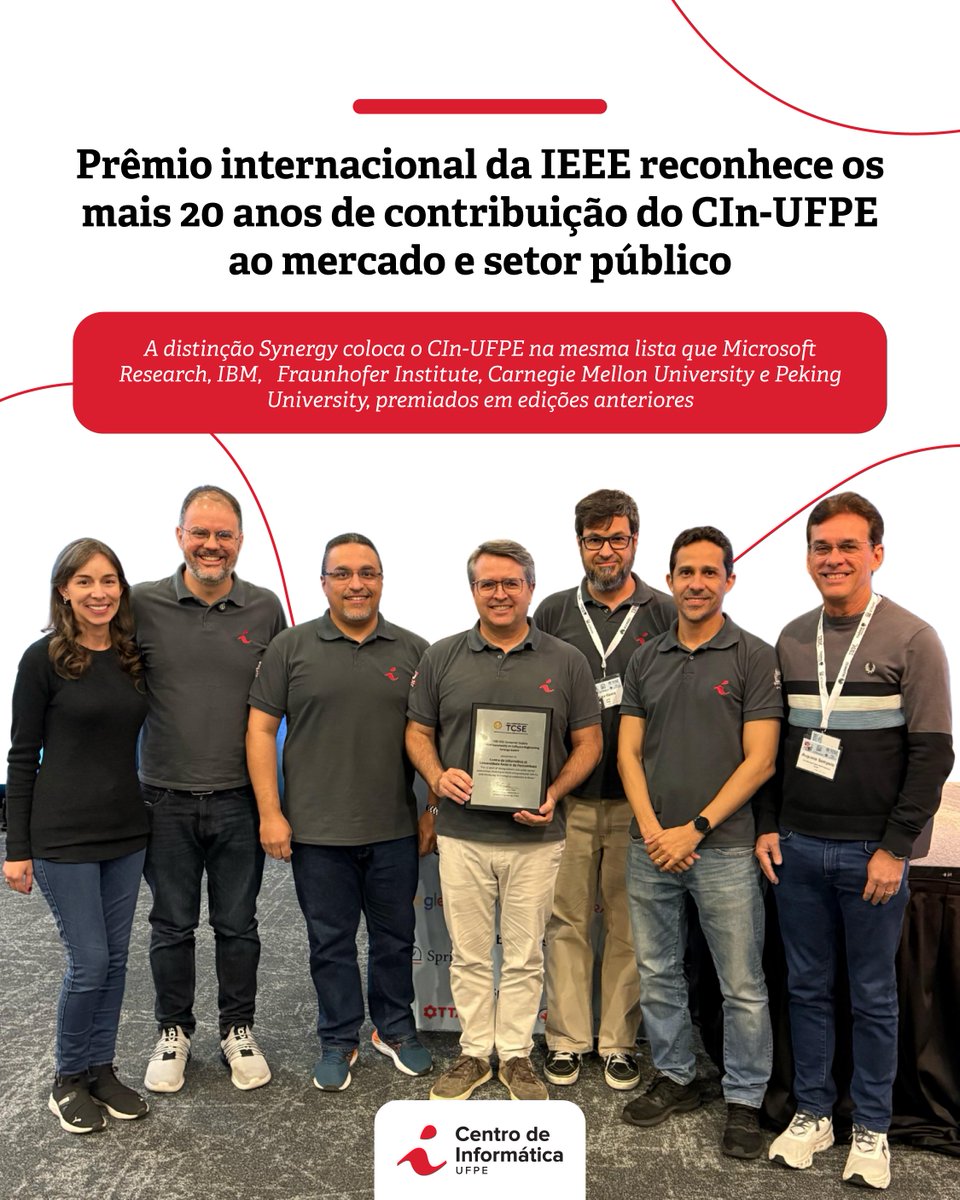 O CIn-UFPE recebeu, em 30 de abril, o prêmio TCSE Distinguished Synergy 2025 do IEEE, em reconhecimento aos seus 22 anos de parcerias com a indústria e o setor público.  

Veja mais portal.cin.ufpe.br/2025/05/09/pre…