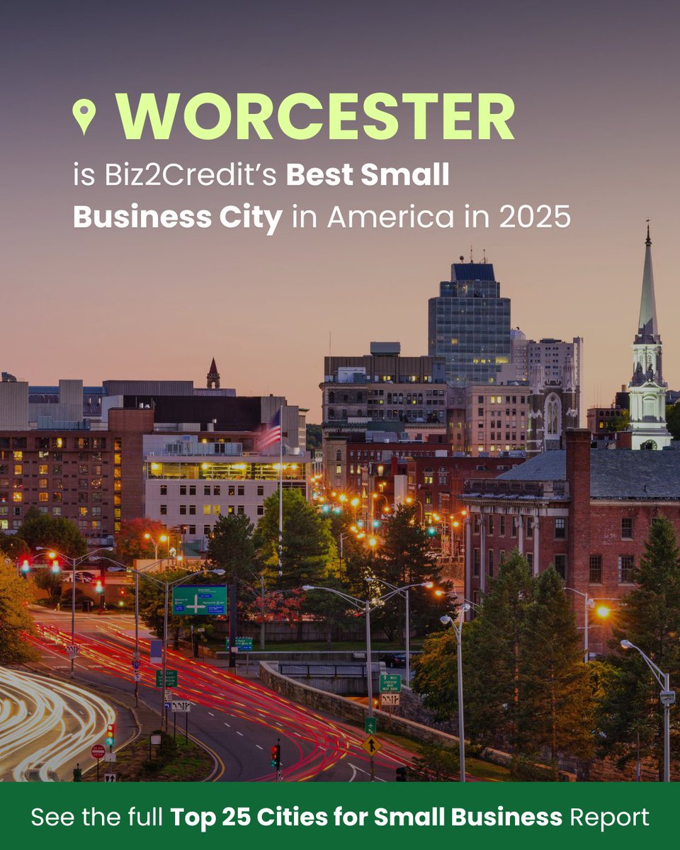 🏆 Worcester tops our Top 25 Cities for Small Business: 2025 Study!

Also leading: Ventura (CA), Stamford (CT), Portland (OR), San Jose (CA).

📊 Based on 75,975 applications from 2024.

🔗 Full list: biz2credit.com/research-repor…

#SmallBusiness #report #cities