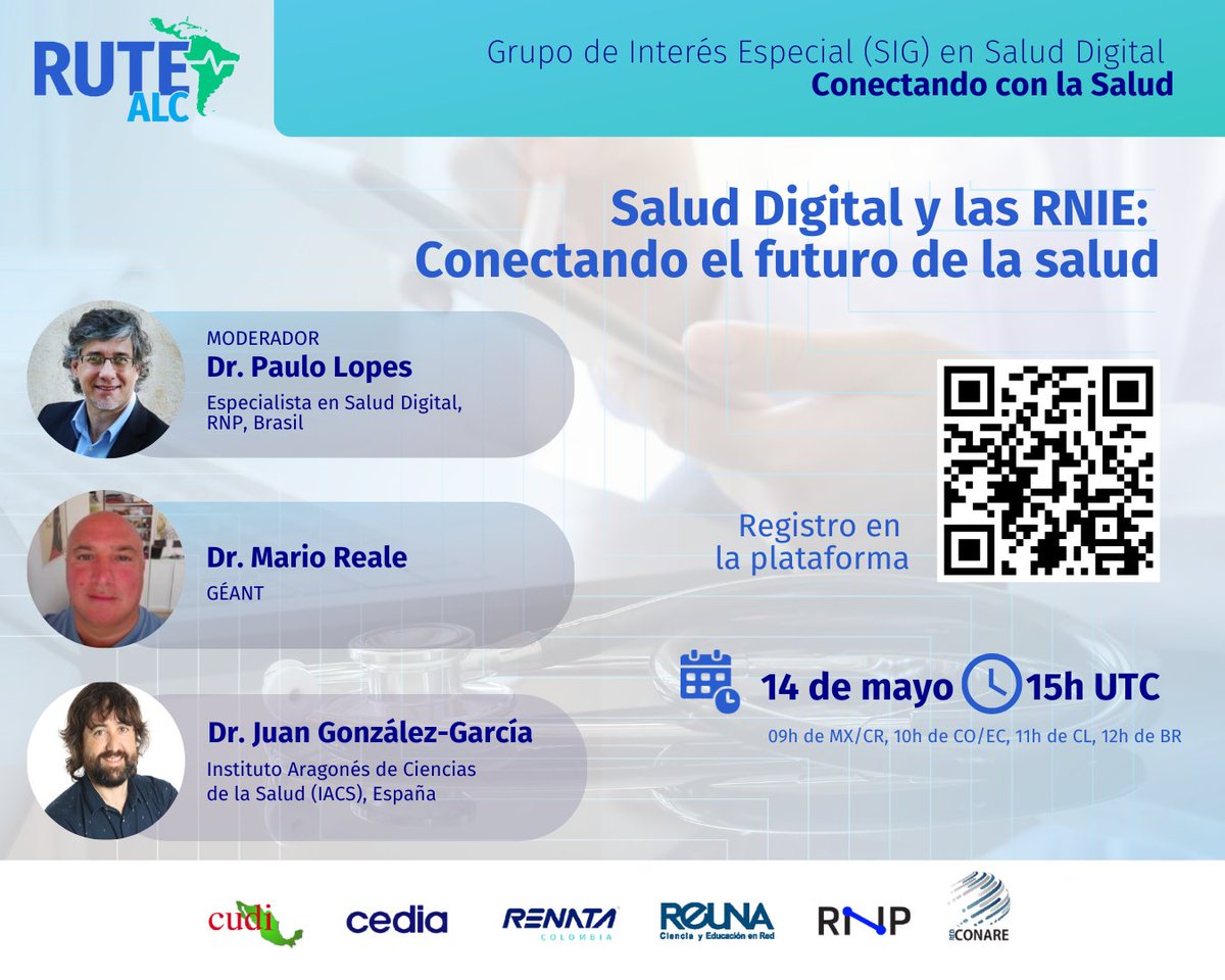 RedCLARA (@redclara) on Twitter photo 🌐🩺 ¡Estás invitado!
Únete al panel internacional: “Salud Digital y las RNIE”
📅 Mié. 14 mayo | Descubre cómo la conectividad impulsa la salud del futuro.
Inscripciones:🔗 shorturl.at/dJmli
#SaludDigital #RNIE #GÉANT #InnovaciónEnSalud 🌐🩺 ¡Estás invitado!
Únete al panel internacional: “Salud Digital y las RNIE”
📅 Mié. 14 mayo | Descubre cómo la conectividad impulsa la salud del futuro.
Inscripciones:🔗 shorturl.at/dJmli
#SaludDigital #RNIE #GÉANT #InnovaciónEnSalud