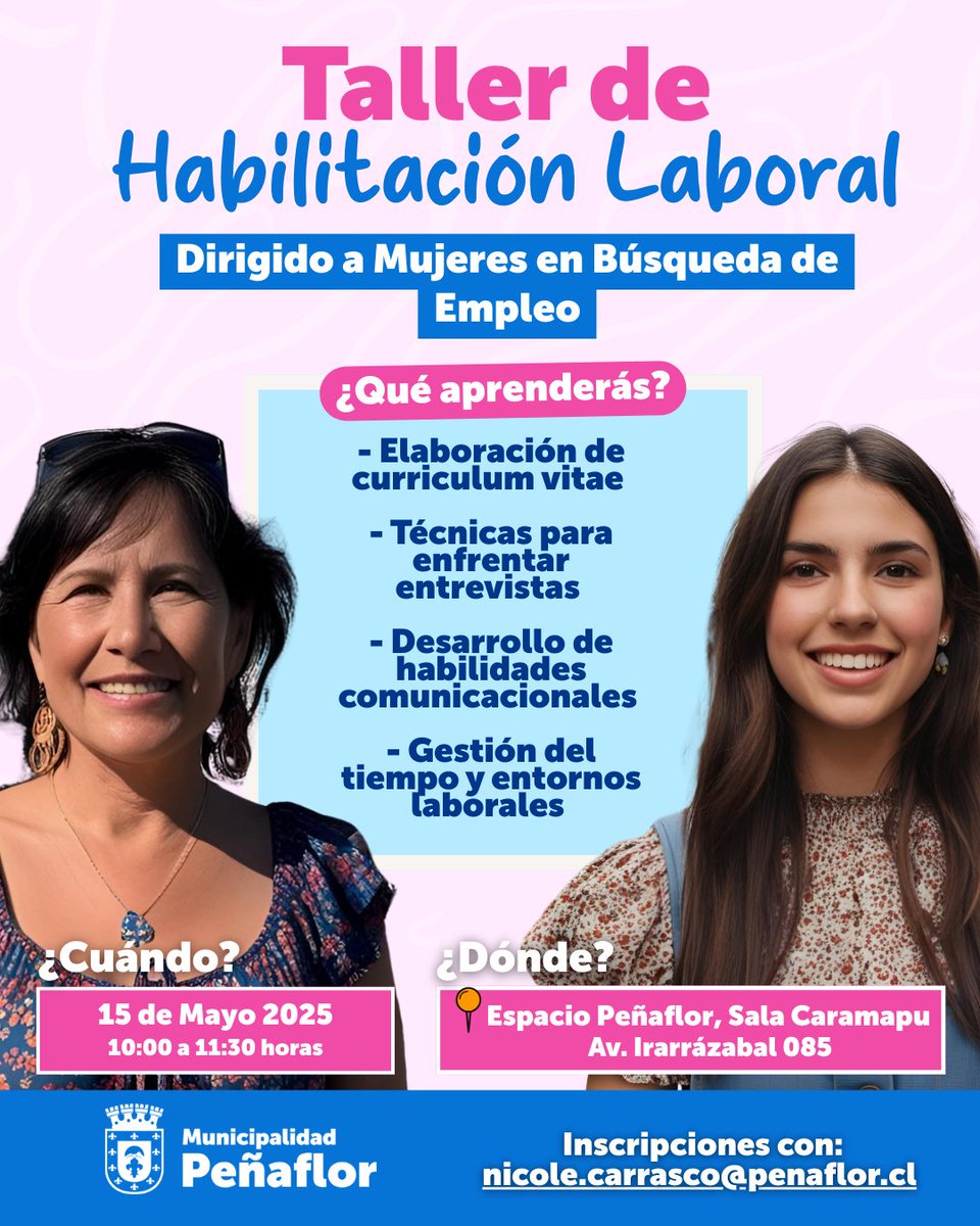 Muni Peñaflor (@munipenaflor) on Twitter photo 👱🏼♀️👩🏻Te invitamos a participar en el Taller de Habilitación Laboral para Mujeres.
✔️Jueves 15 de Mayo ⏰️10 a 11:30 horas.
✍️Para inscribirte escribe al correo nicole.carrasco@penaflor.cl 👱🏼♀️👩🏻Te invitamos a participar en el Taller de Habilitación Laboral para Mujeres.
✔️Jueves 15 de Mayo ⏰️10 a 11:30 horas.
✍️Para inscribirte escribe al correo nicole.carrasco@penaflor.cl