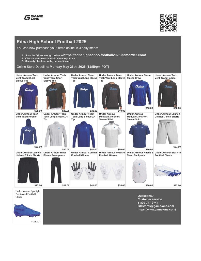 🐦 Twitter/X Post:

🏈 Edna Football gear is on sale!
Parents—save on approved apparel for your athlete! Shop now through May 26:
👉 …ahighschoolfootball2025.itemorder.com
#EdnaFootball #CowboyPride 💙