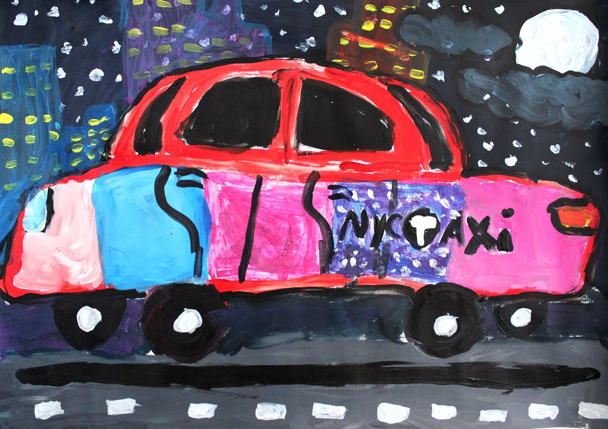 This dreamy nighttime city scene, complete with a vibrant NYC taxi, was painted by third grader Naishaly R. from PS 145 in Brooklyn, with guidance from Studio Artist Instructor Ms. Leigh.

What do you feel when you see this starry NYC night?