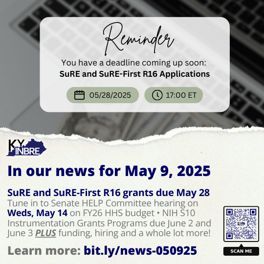 KYINBRE (@ky_inbre) on Twitter photo SuRE & SuRE-First R16 due 5/28 • Tune in to <a href="/SenateHELP/">SenateHELP Committee</a> hearing on 5/14 on FY26 <a href="/HHSGov/">HHS.gov</a> budget • <a href="/NIH/">NIH</a> S10 Instrumentation Grants Programs due 6/2 & 7/3 + more! bit.ly/news-050925
<a href="/NAIPInetwork/">NAIPI</a> <a href="/epscoridea/">EIF</a> <a href="/CPENews/">Kentucky Council on Postsecondary Education</a> <a href="/KyScientists/">KY Acad of Science</a> <a href="/nkuedu/">Northern Kentucky University</a> <a href="/ideaproteomics/">IDeA National Resource for Quantitative Proteomics</a> #proud2Bkyinbre SuRE & SuRE-First R16 due 5/28 • Tune in to <a href="/SenateHELP/">SenateHELP Committee</a> hearing on 5/14 on FY26 <a href="/HHSGov/">HHS.gov</a> budget • <a href="/NIH/">NIH</a> S10 Instrumentation Grants Programs due 6/2 & 7/3 + more! bit.ly/news-050925
<a href="/NAIPInetwork/">NAIPI</a> <a href="/epscoridea/">EIF</a> <a href="/CPENews/">Kentucky Council on Postsecondary Education</a> <a href="/KyScientists/">KY Acad of Science</a> <a href="/nkuedu/">Northern Kentucky University</a> <a href="/ideaproteomics/">IDeA National Resource for Quantitative Proteomics</a> #proud2Bkyinbre