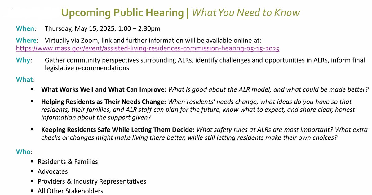 THIS THURSDAY (5/15)! The Assisted Living Residences Commission is holding a virtual public hearing from 1:00-2:30pm.

The Commission wants to hear from as many people as possible! Residents and Family members, Providers and Advocates all welcome to share what is working in