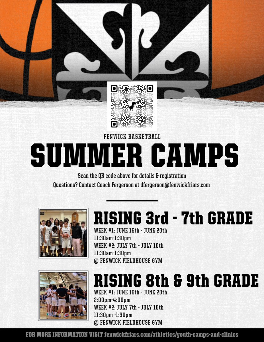My favorite part of the year is almost here! Friar basketball summer camp. Scan QR code to register today! Let’s hone in on your skills and get better together! GO FRIARS!!