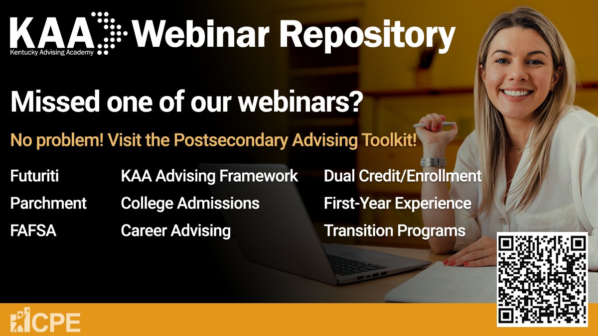 Kentucky Advising Academy (@advisingky) on Twitter photo Did you miss one of the 2024-2025 KAA Webinars? No problem! Visit the Postsecondary Advising Toolkit to catch up!
KAA Toolkit: bit.ly/KAAwebinars
<a href="/CPENews/">Kentucky Council on Postsecondary Education</a> <a href="/CEC_KY/">Commonwealth Education Continuum</a> <a href="/MichelleSircy/">Michelle Sircy</a> <a href="/KY_CTE/">Kentucky Office of Career and Technical Education</a> <a href="/KentuckySCA/">KSCA</a> <a href="/Futuriti_KY/">Futuriti_KY</a> Did you miss one of the 2024-2025 KAA Webinars? No problem! Visit the Postsecondary Advising Toolkit to catch up!
KAA Toolkit: bit.ly/KAAwebinars
<a href="/CPENews/">Kentucky Council on Postsecondary Education</a> <a href="/CEC_KY/">Commonwealth Education Continuum</a> <a href="/MichelleSircy/">Michelle Sircy</a> <a href="/KY_CTE/">Kentucky Office of Career and Technical Education</a> <a href="/KentuckySCA/">KSCA</a> <a href="/Futuriti_KY/">Futuriti_KY</a>