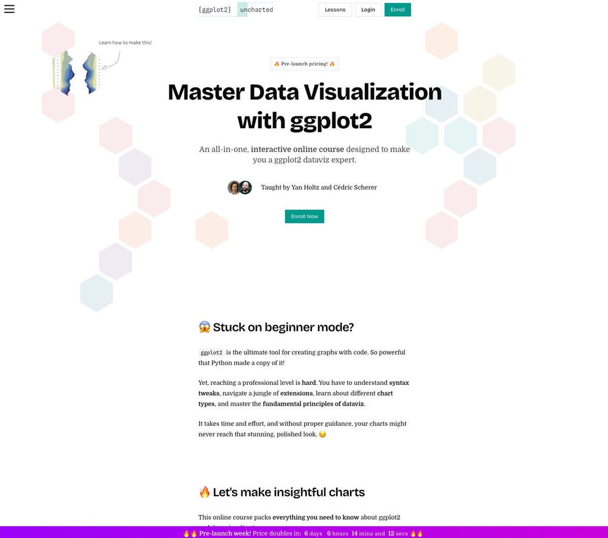 Excited to launch "ggplot2 [un]charted" with
<a href="/R_Graph_Gallery/">Yan Holtz</a>! 🎉

An online course to master #DataViz with #ggplot2 with exercises, quizzes, modules—and hands-on #Rstats code running in your browser!  

Still WIP—sign up now for a limited discount!
👉 ggplot2-uncharted.com