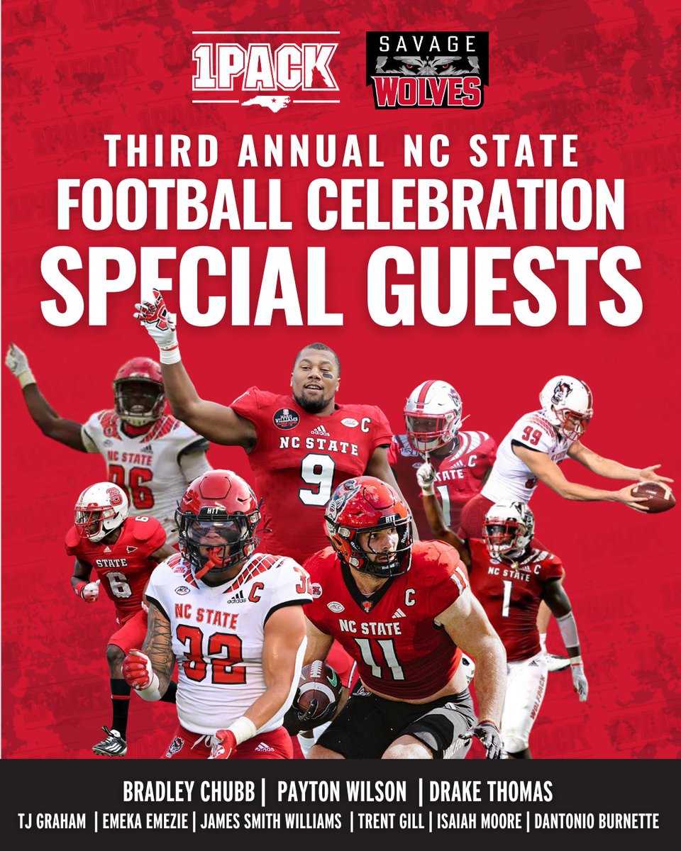 BIG ANNOUNCEMENT 🚨

We’re thrilled to welcome an incredible lineup of special guests to the Third Annual NC State Football Celebration! 🐺🏈

Join Wolfpack legends like Bradley Chubb, Payton Wilson, Drake Thomas, TJ Graham, Emeka Emezie, James Smith Williams, Trent Gill, Isaiah