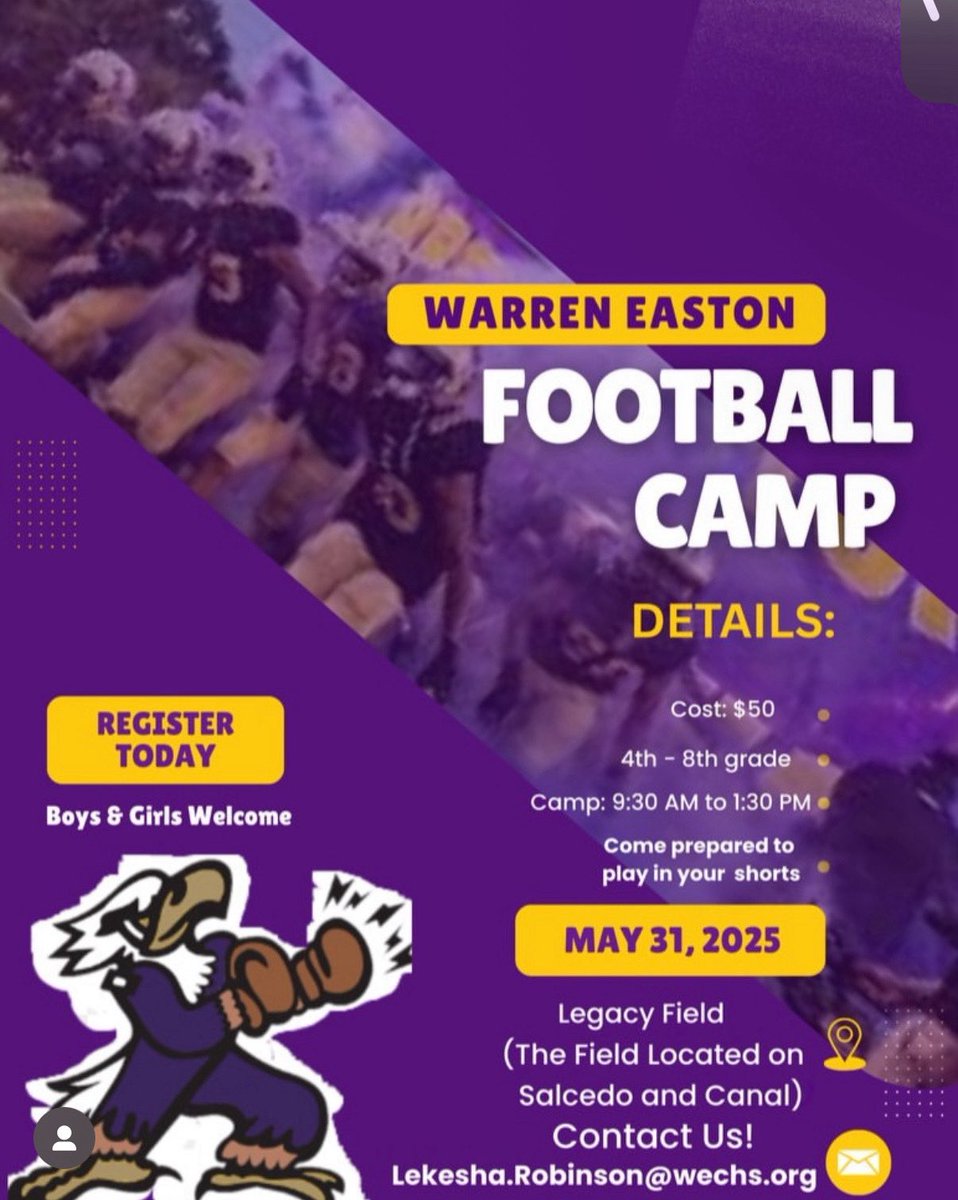 Warren Easton Youth Football Camp
Open to boys &amp; girls grades 4th - 8th
-Sat. May 31, 2025
-9:30AM-1:30PM
-Legacy Field (Next to Warren Easton
Cost: $50
- Link below ⬇️ 

Question? Email: lekesha.robinson@wechs.org

linktr.ee/WarrenEastonCh…