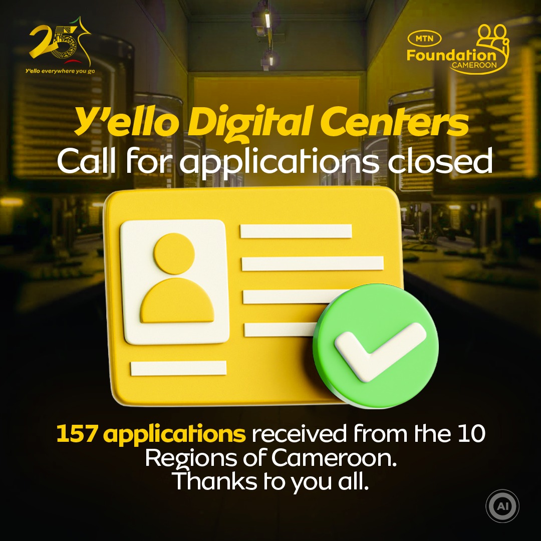 Y’ello Digital Centers – Call for Applications Closed
157 applications received from the 10 Regions of Cameroon. Thanks to you all!
Stay tuned for more updates. 
#YelloDigitalCenter #DoingForTomorrowToday #MTNC25Years