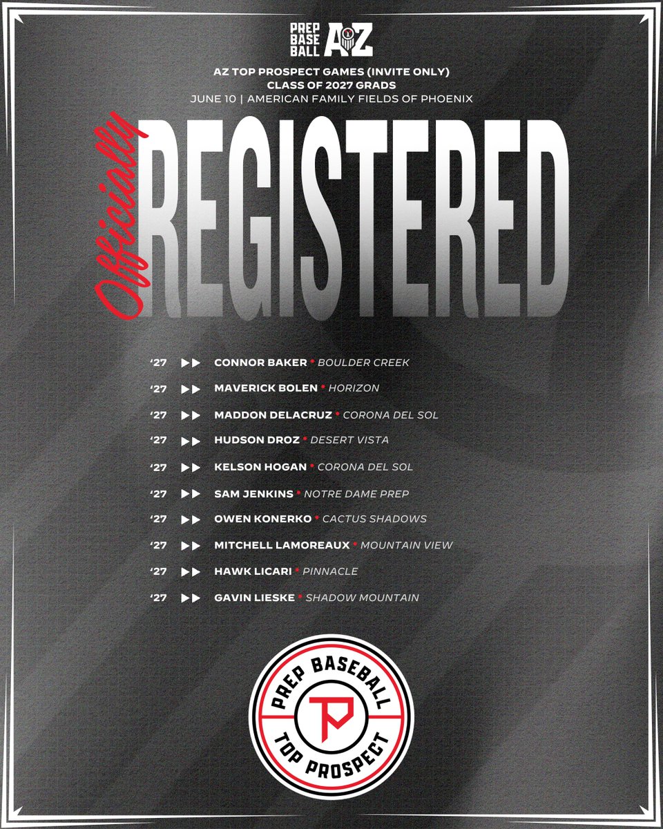 Please welcome the following players to the 𝗔𝗭 𝗧𝗼𝗽 𝗣𝗿𝗼𝘀𝗽𝗲𝗰𝘁 𝗚𝗮𝗺𝗲𝘀‼️

🗓️ June 10th
📍 American Family Fields of Phoenix
🎓 2027 Grads
💻 TrackMan + VALD Performance

Request an invite➡️ loom.ly/cz5acDs