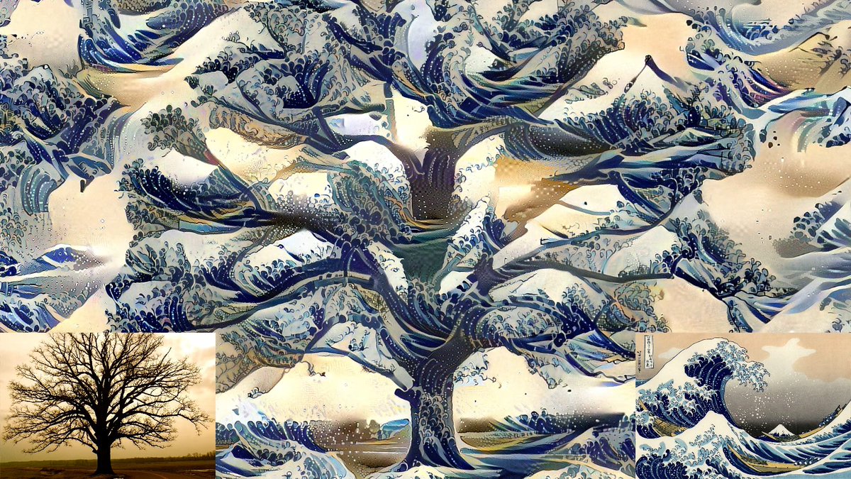 Antagonist4ever (@antagonist4ever) on Twitter photo New day. New addition to Eternal Opposition.
<a href="/genekogan/">Gene Kogan</a> – Style Transfer Video (2016)
A photograph of a tree, transformed through the aesthetic grammars of Hokusai’s Great Wave and Arabic calligraphy, rendered using the original neural style transfer technique by Gatys et al. New day. New addition to Eternal Opposition.
<a href="/genekogan/">Gene Kogan</a> – Style Transfer Video (2016)
A photograph of a tree, transformed through the aesthetic grammars of Hokusai’s Great Wave and Arabic calligraphy, rendered using the original neural style transfer technique by Gatys et al.