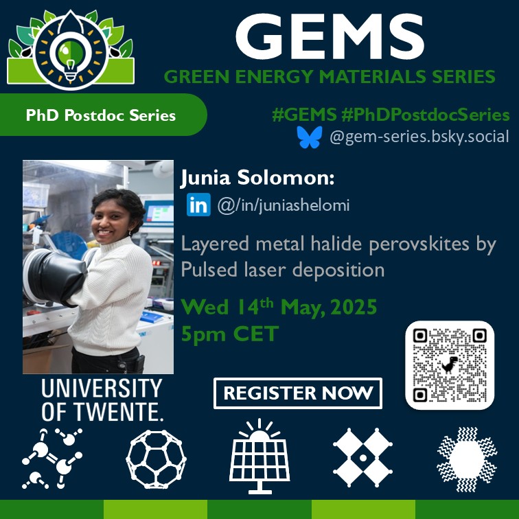 Simon Kahmann (@skahmn) on Twitter photo Are you tired of all the spin-coating or eaporation of perovskites or do you really want to hear about some exciting alternatives? Then, join us this Wednesday for Junia's talk on pulsed laser deposition -- Pew pew! <a href="/GEM__series/">Green Energy Materials Series</a> Are you tired of all the spin-coating or eaporation of perovskites or do you really want to hear about some exciting alternatives? Then, join us this Wednesday for Junia's talk on pulsed laser deposition -- Pew pew! <a href="/GEM__series/">Green Energy Materials Series</a>